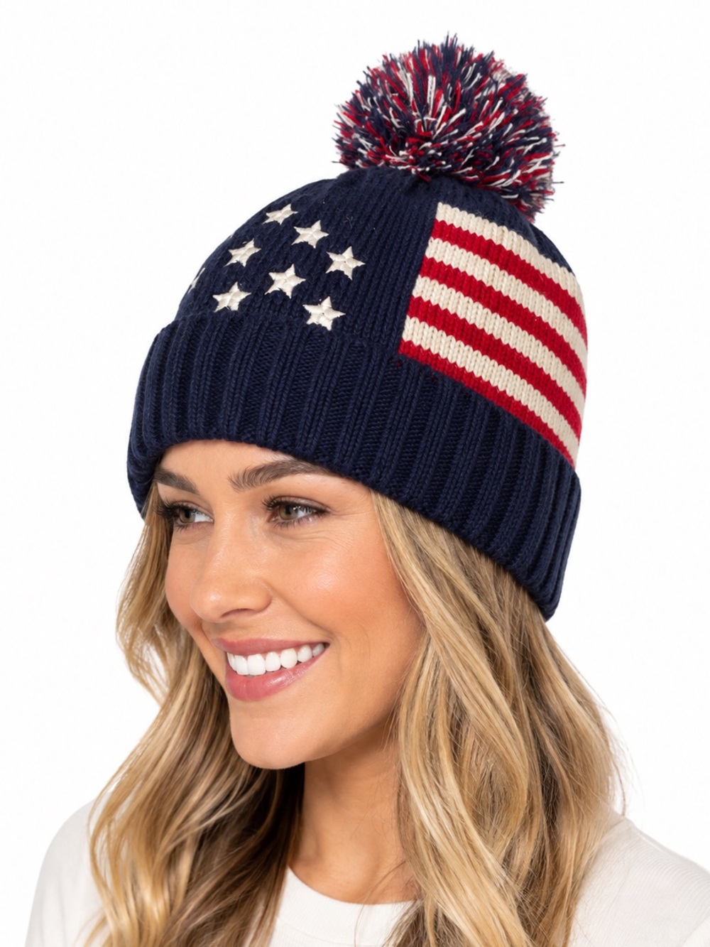 Fleece Lined Red White and Blue USA Flag Beanie Hat